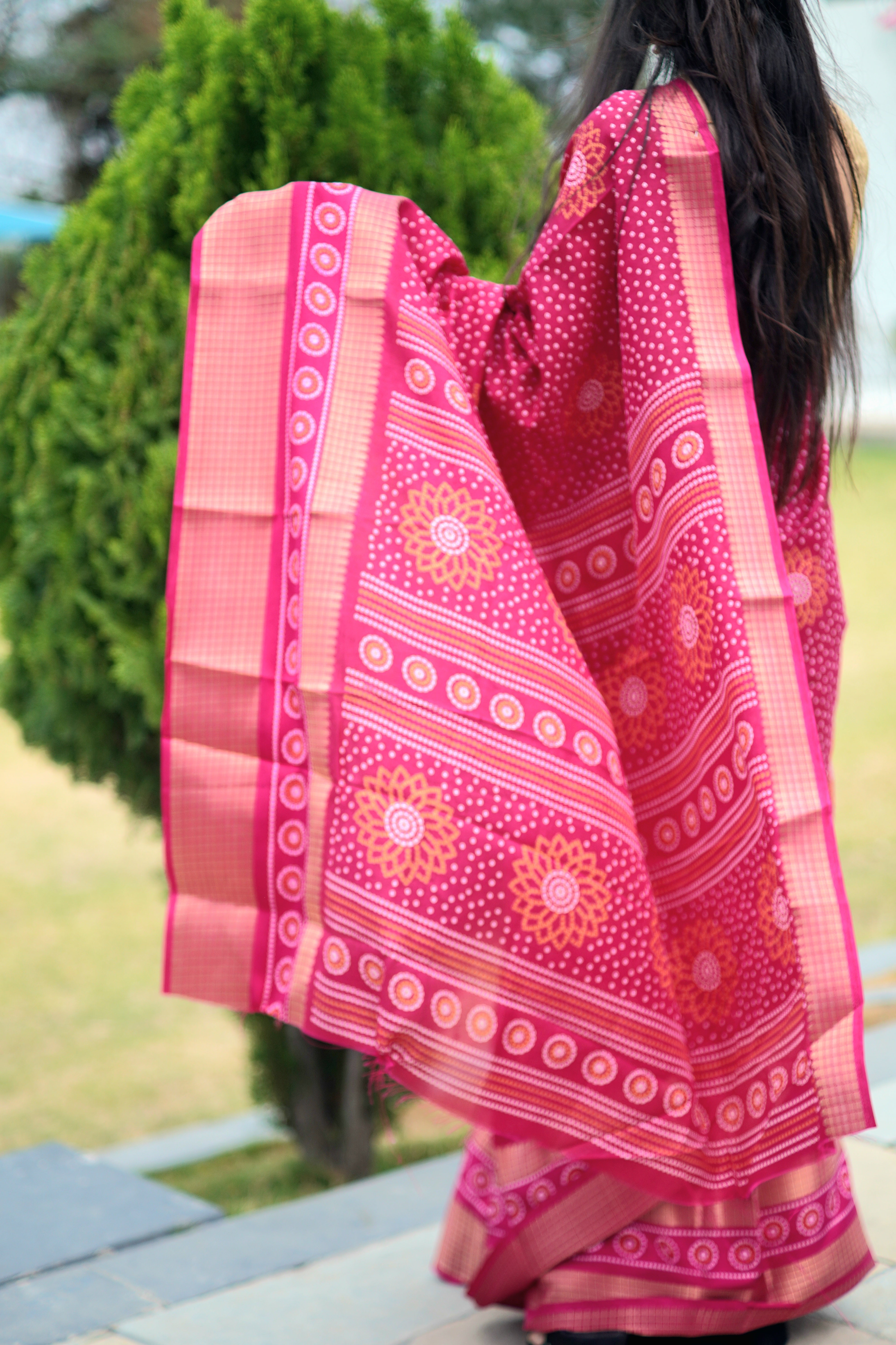 Chunri Print Dola Silk Saree  in Pink