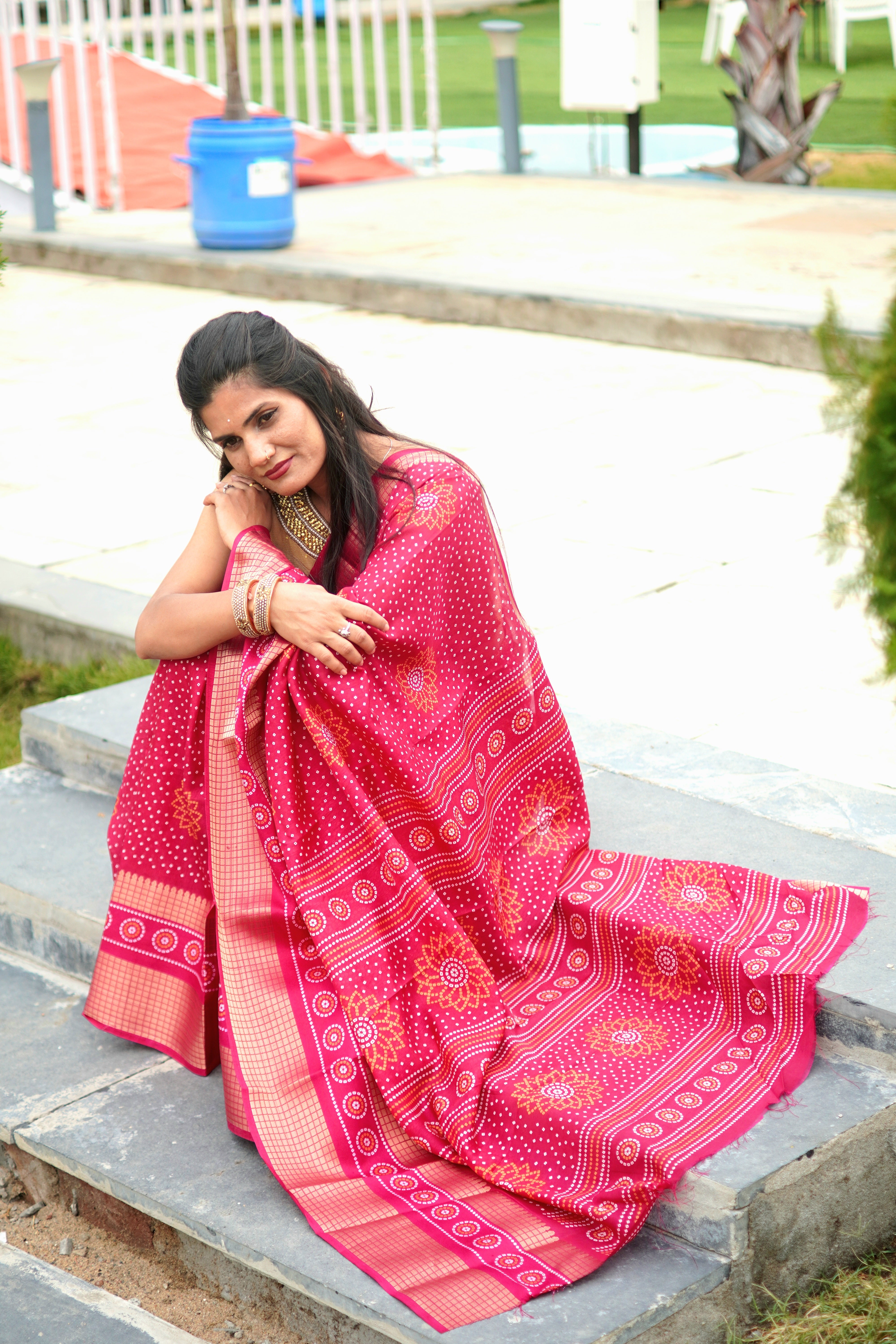 Chunri Print Dola Silk Saree  in Pink