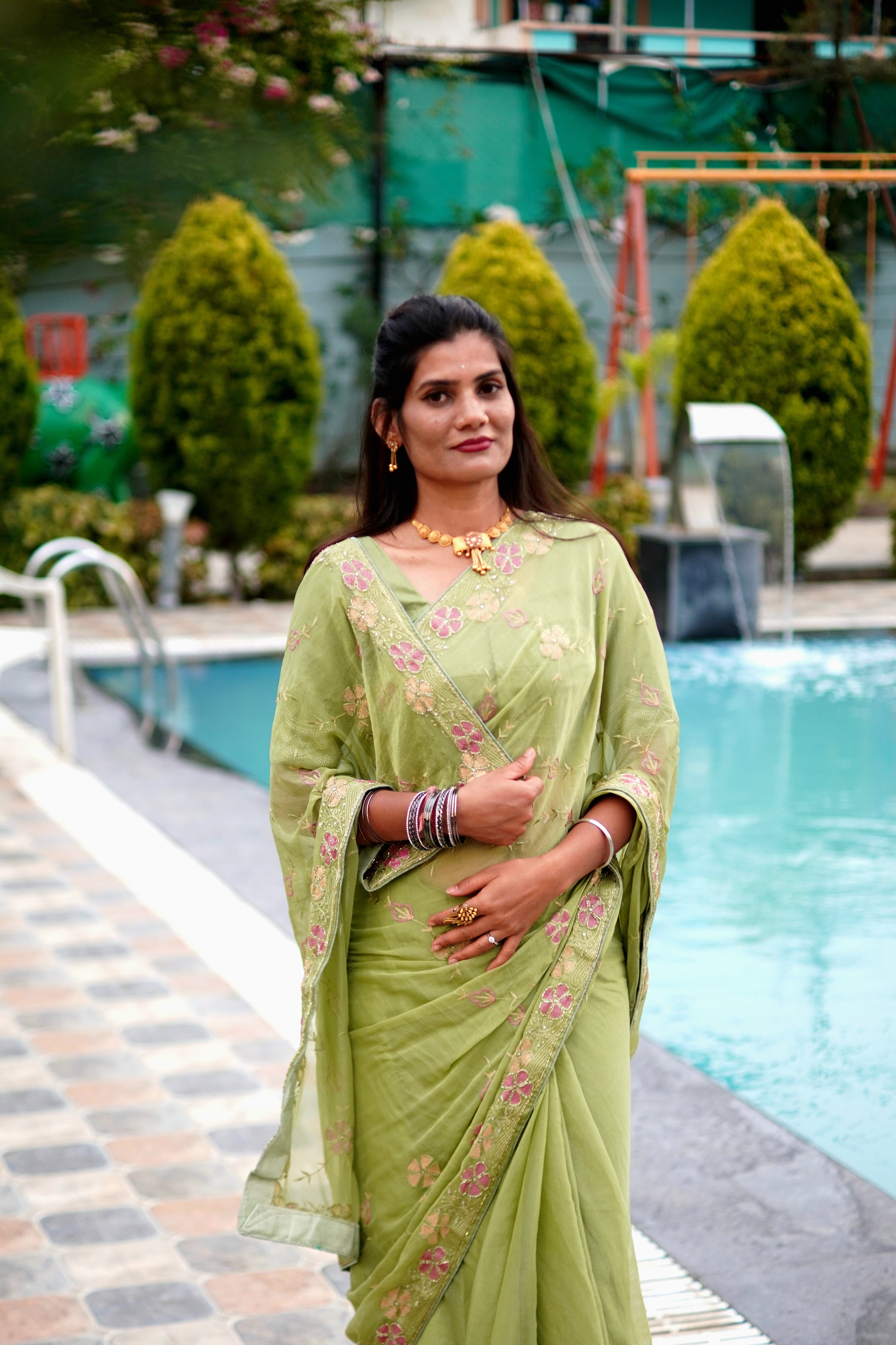 Pure Chiffon Saree in Green