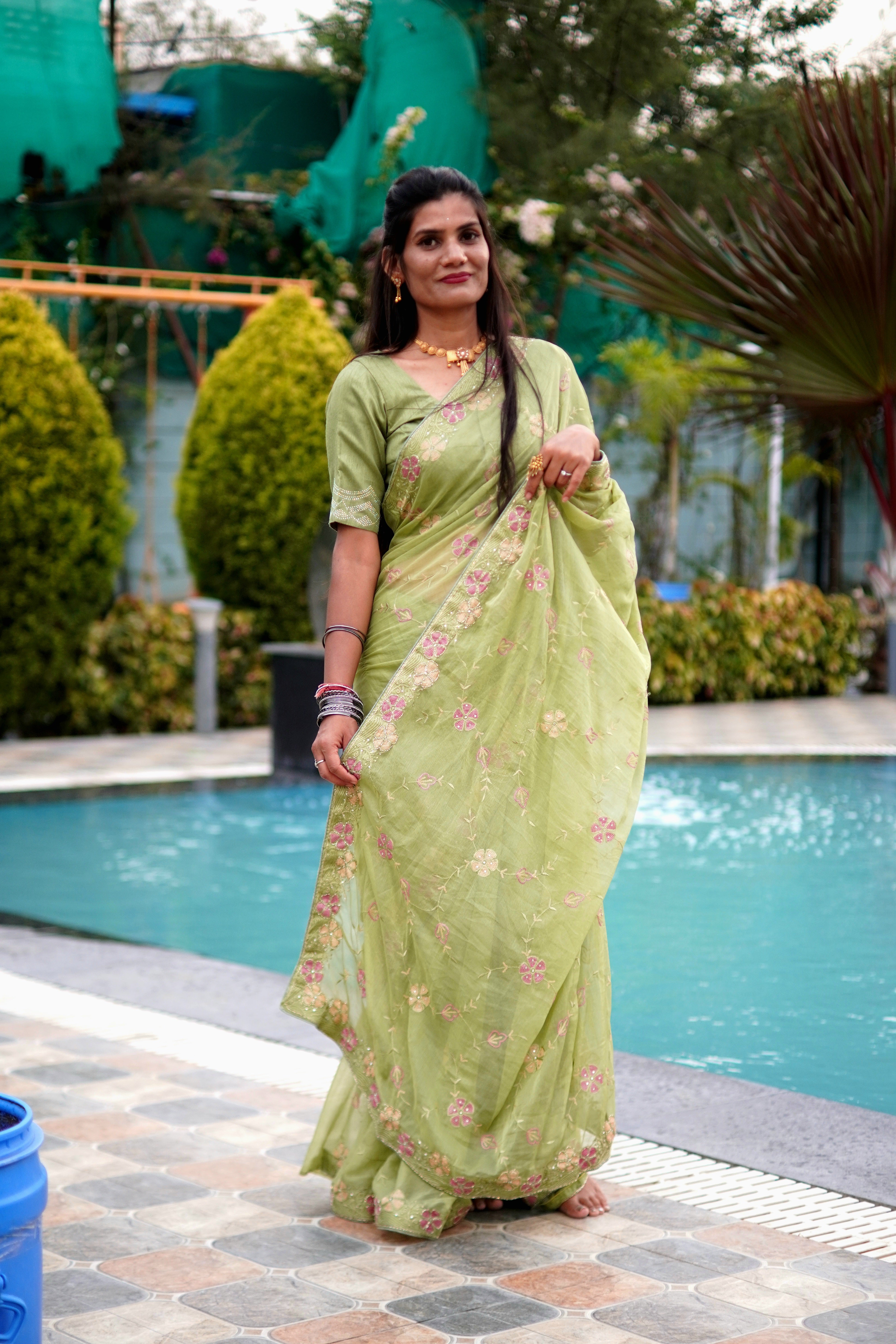 Pure Chiffon Saree in Green